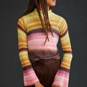 Anthropologie Pink and Yellow Striped Turtleneck Sweater